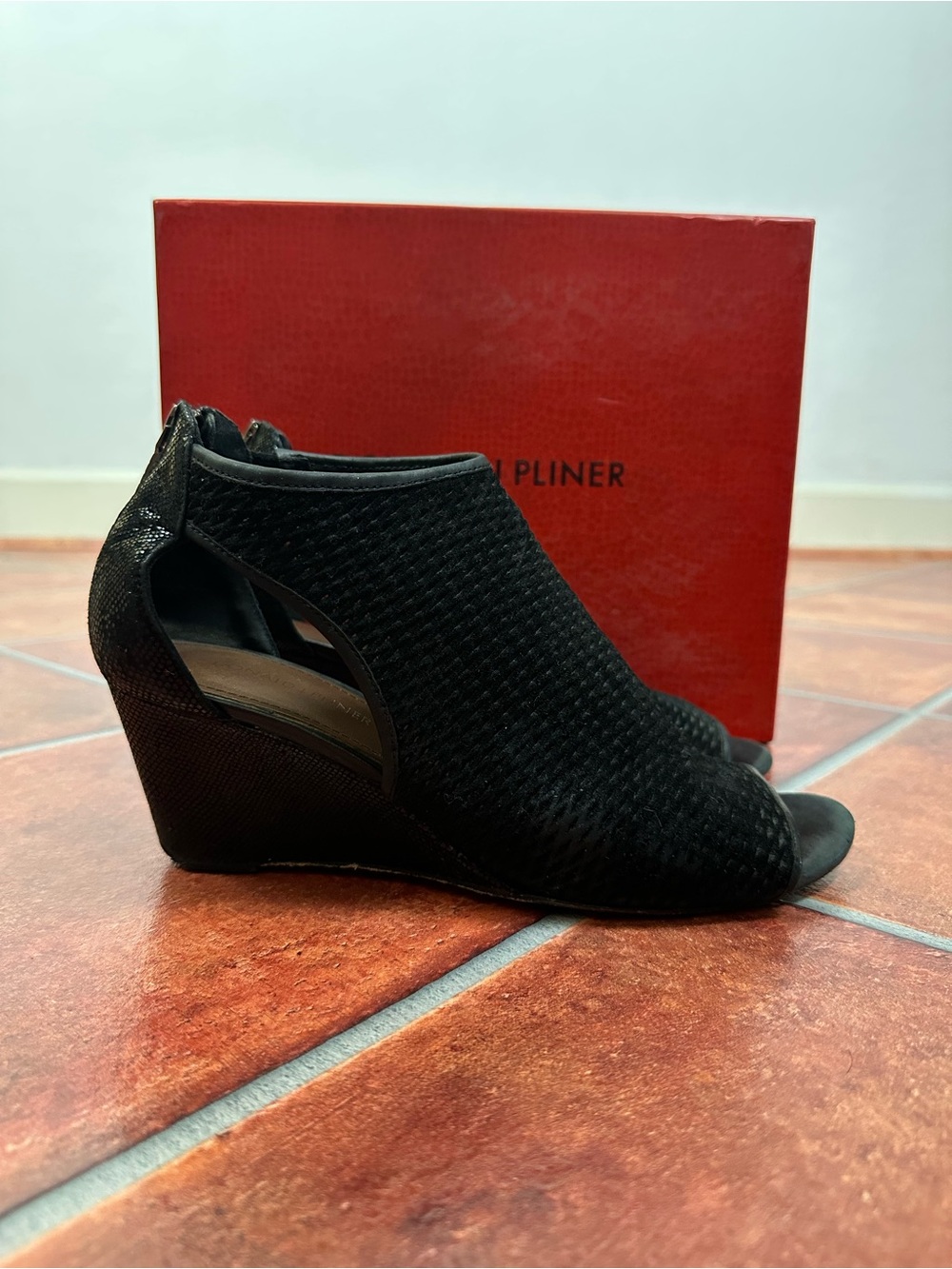 Donald J. Pliner Black Leather Jace Peep-Toe Wedge Booties w/ Box